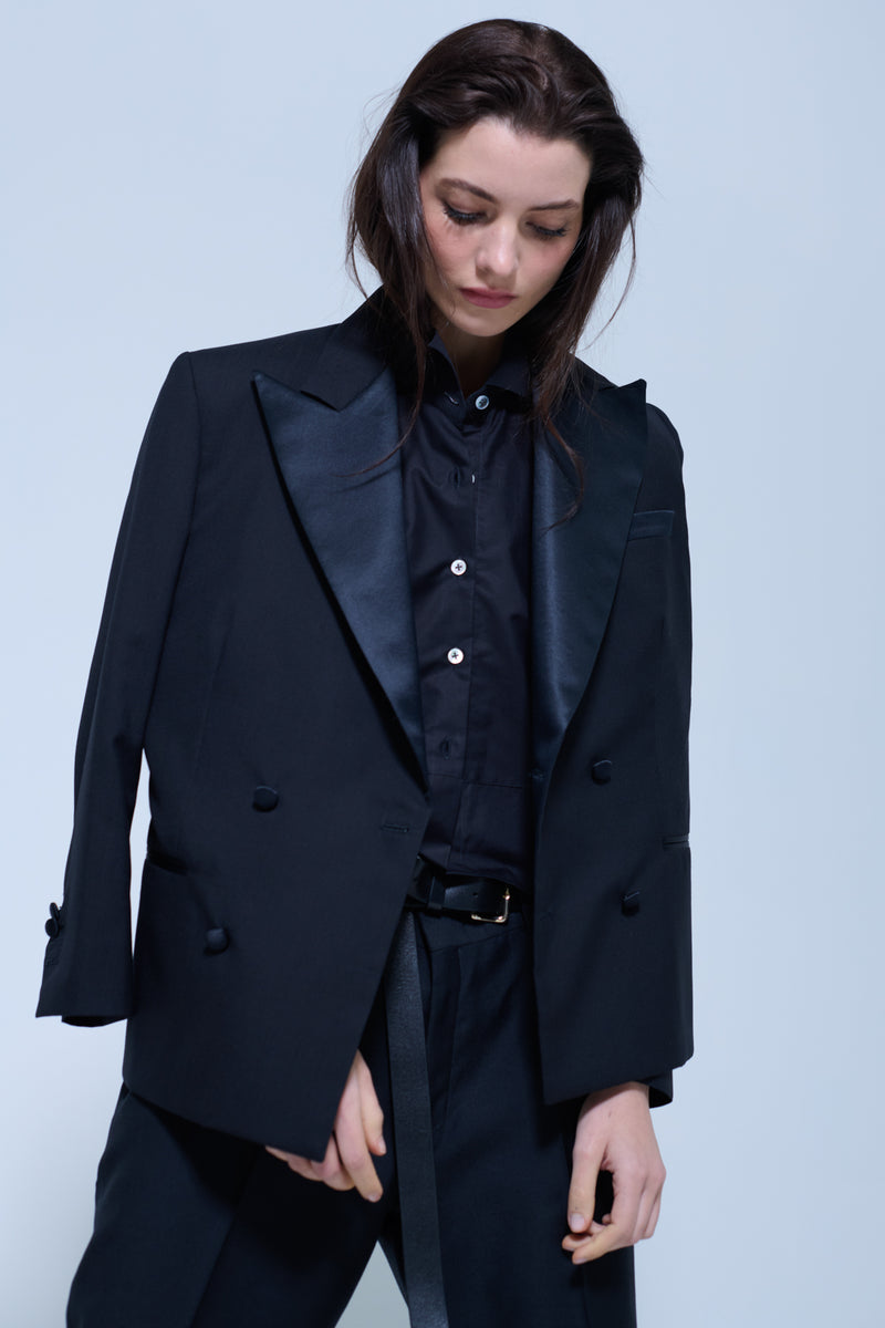 【ajouter flow】 breasted jacket CROPPED DOUBLE BREASTED TUXEDO JACKET - SUPER 120s WOOL (ARCHIVAL